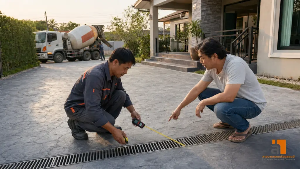 ช่างวัดพื้นที่และตรวจระบบระบายน้ำ ก่อนประเมินราคาคอนกรีตพิมพ์ลาย